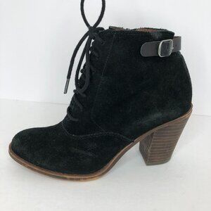 Lucky Brand ECHOH Women Black Lace Up Suede Stacked Heel Bootie 6M